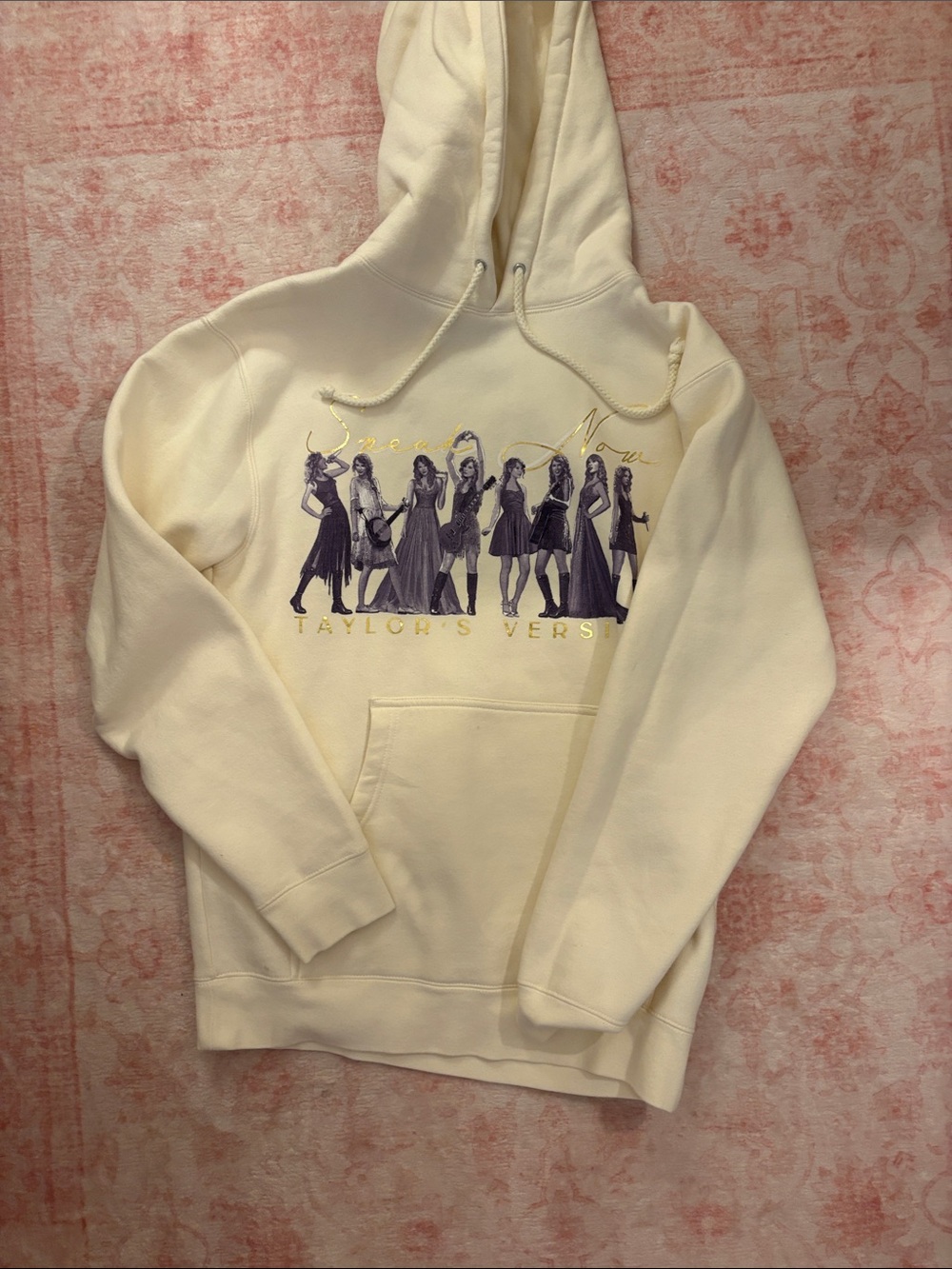 Taylor Swift Cream Hoodie with Purple Group Graphic and Gold Script